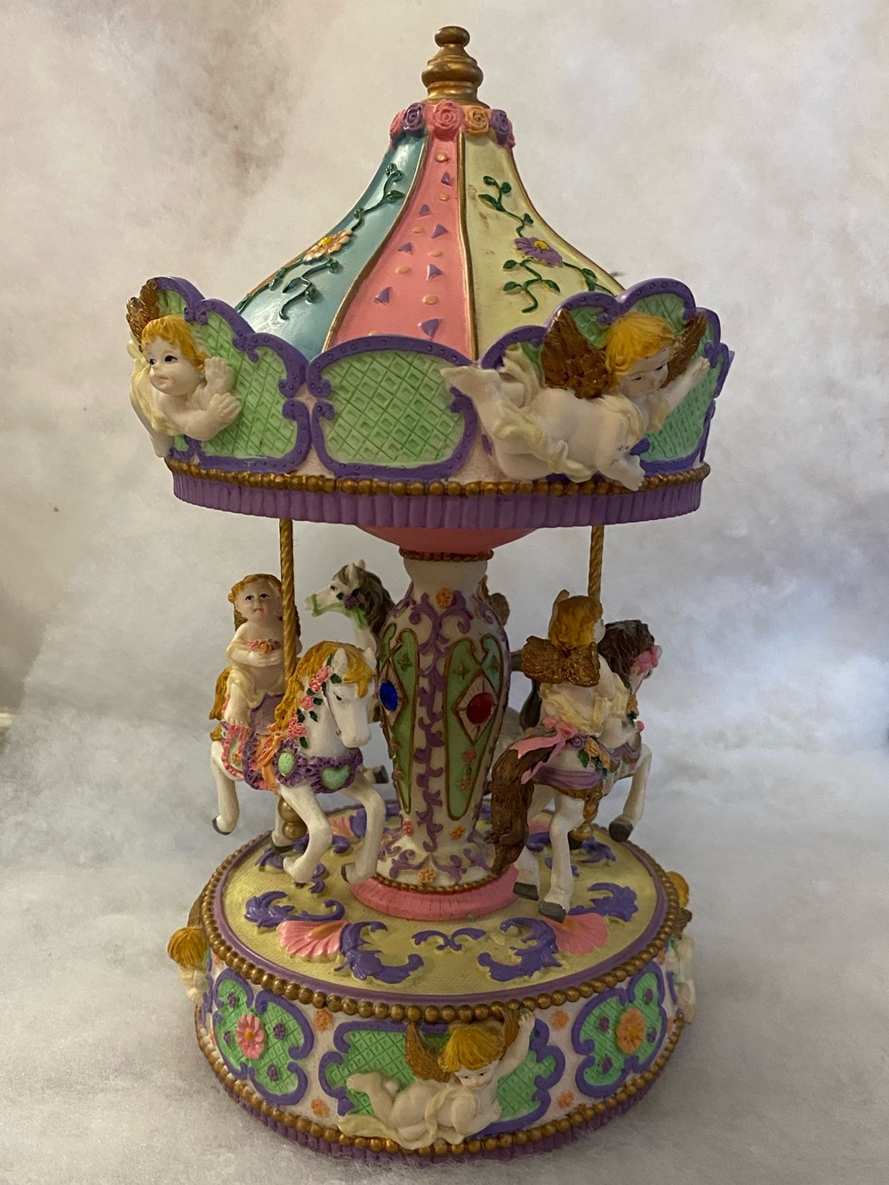 Cherub Horse Carousel Music Box Resin Rotating